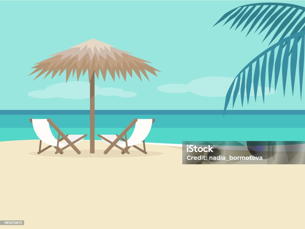 Empty beach landscape. Two chaise lounges under the palm tree umbrella. No people. Background. Paradise. Flat editable vector illustration, clip art Beach stock vector