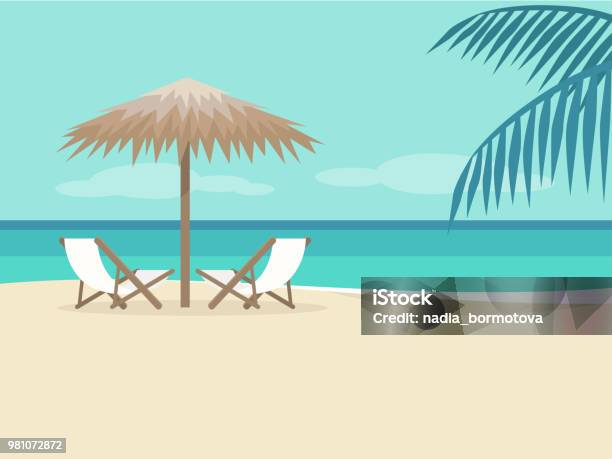Empty Beach Landscape Two Chaise Lounges Under The Palm Tree Umbrella No People Background Paradise Flat Editable Vector Illustration Clip Art Stock Illustration - Download Image Now