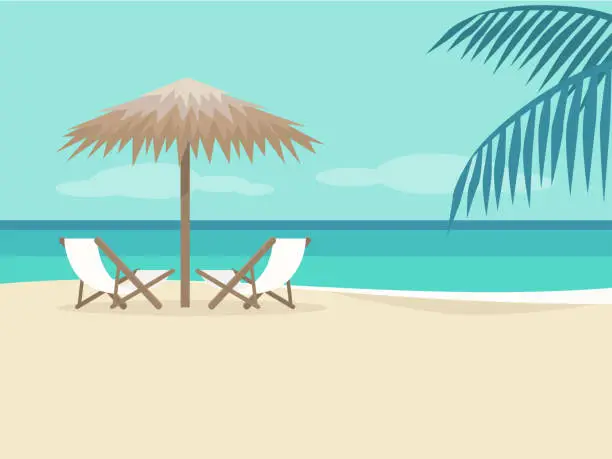Vector illustration of Empty beach landscape. Two chaise lounges under the palm tree umbrella. No people. Background. Paradise. Flat editable vector illustration, clip art