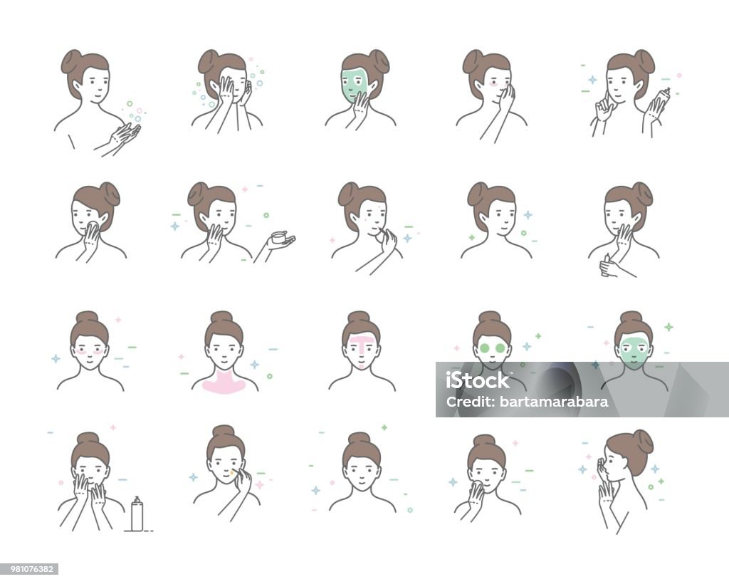 Woman take care about face. Steps how to apply facial serum. Vector isolated illustrations set. Woman take care about face. Steps how to apply facial serum. Vector isolated illustrations set. Skin care routine, simple woman face with a different facial procedures. Icon Symbol stock vector