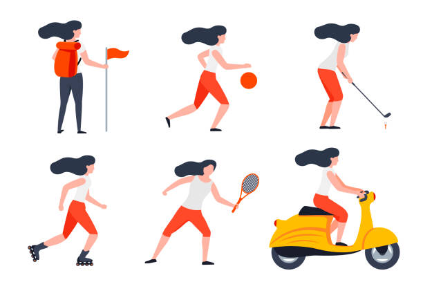 벡터는 다른 여름 활동에 여자의 설정 - tennis child white background sport stock illustrations