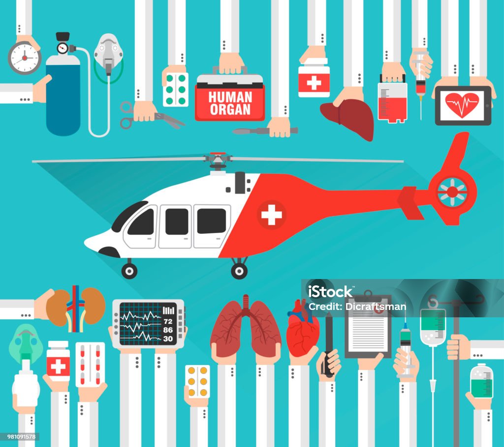 Organe humain transplatation plat design avec hélicoptère - clipart vectoriel de Anatomie libre de droits