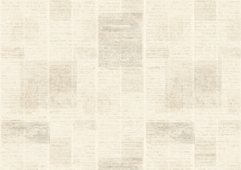 Newspaper old grunge collage horizontal texture. Unreadable vintage news paper pattern. Scratched paper textured page. Gray sepia white newsprint background.