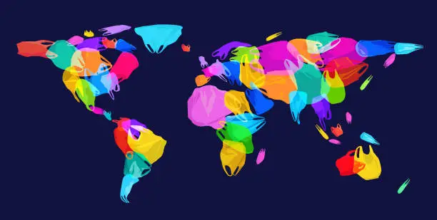 Vector illustration of World Map with plastic waste