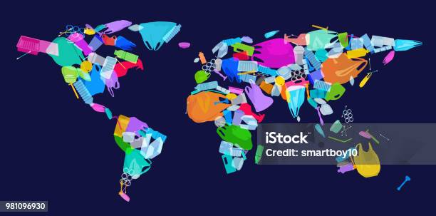 World Map With Plastic Waste Stock Illustration - Download Image Now - Plastic, Garbage, Sea
