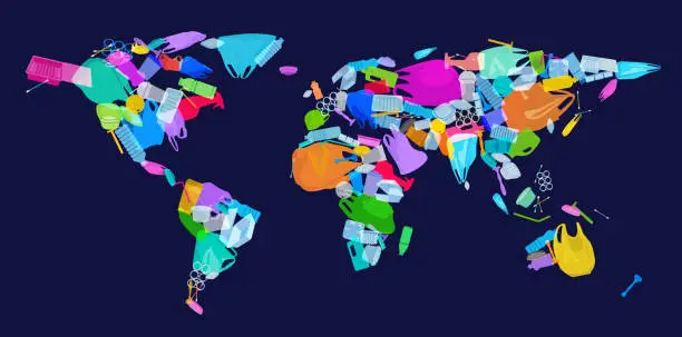 Vector illustration of World Map with plastic waste
