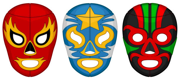 Luchador Masks Vector illustration of three luchador (lucha libre, Mexican wrestling) masks. Each mask is on its own layer, easily separated from the others in a program like Illustrator, etc. Illustration uses no gradients, meshes or blends, only solid color. Includes AI10-compatible .eps format, along with a high-res .jpg. wrestling stock illustrations