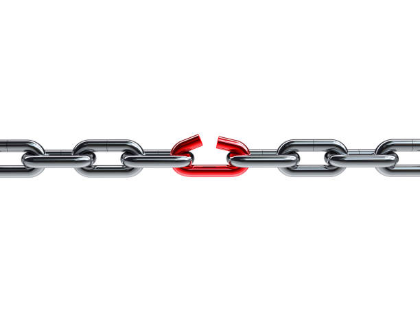 Broken Chain with Red Weak Link Broken Metal Chain with Red Weak Link Isolated on White Background. 3D Rendering Illustration Concept. broken chain stock pictures, royalty-free photos & images