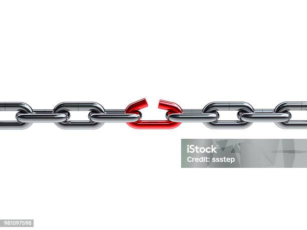 Broken Chain With Red Weak Link Stock Photo - Download Image Now - Weakness, Chain - Object, Strength