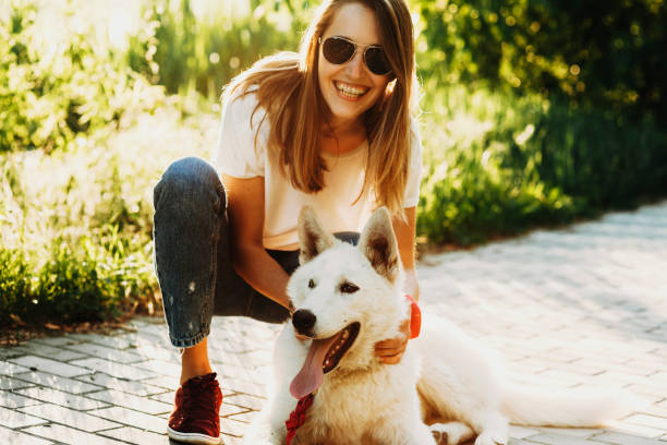 istock Smiling woman sitting with dog in park 981097876