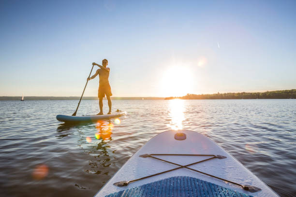 full length of man on paddle board in sea during sunset - paddle surfing stockfoto's en -beelden