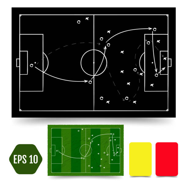 istock Soccer game tactical scheme. Football players frame and strategy arrows on chalk black and colored boards, plan of action formations. Vector chalk  illustration on black and colored backgrounds 981125326