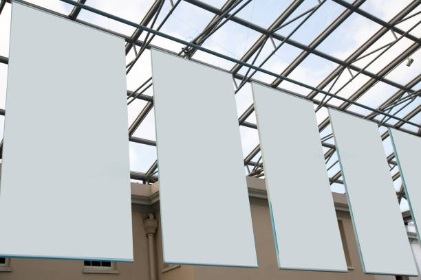 istock Big screens fixed on transparent roof. Banners with space for text and images. 981133618
