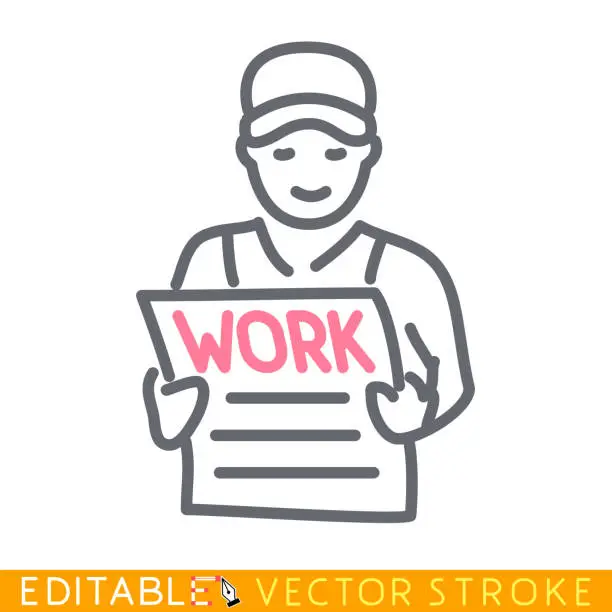 Vector illustration of Labor person reading work newspaper. Editable stroke sketch icon. Stock vector illustration.