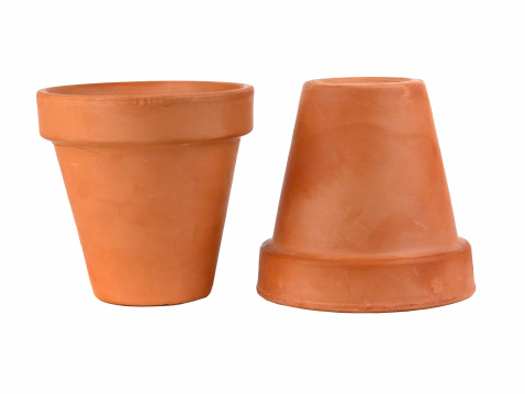 Empty weathered terracotta pot isolated cutout on white background