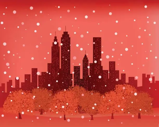 Vector illustration of City Skyline with snowing sky and nature at Christmas newyear