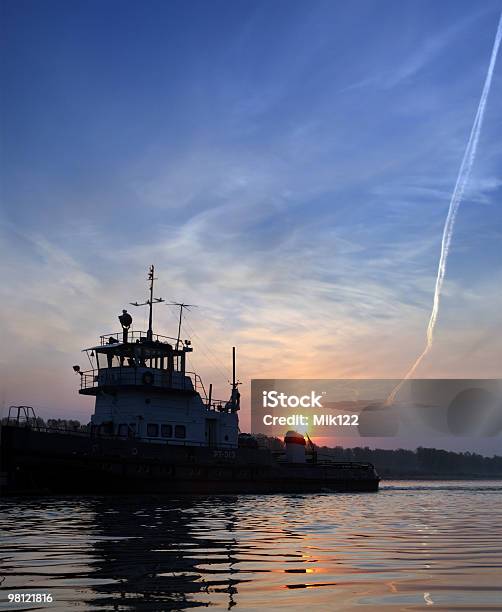 Sunset On River And Ship Stock Photo - Download Image Now - Beauty In Nature, Cloud - Sky, Color Image