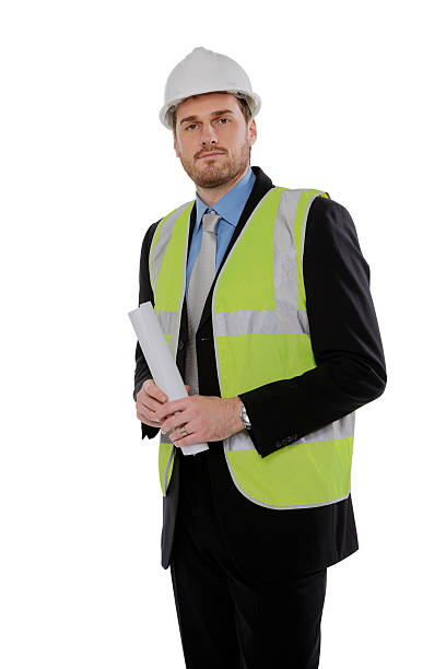 istock Young male civil engineer holding a blueprint isolated on white 98122065