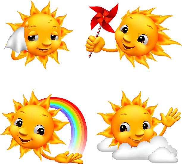 ilustraciones, imágenes clip art, dibujos animados e iconos de stock de sonriendo sol-clima nº 1 - light waving rainbow vector