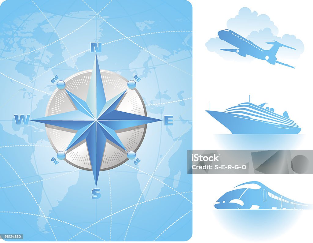 Rosa de los vientos en un mapa del fondo mundial contemporánea de transporte - arte vectorial de Curva - Forma libre de derechos