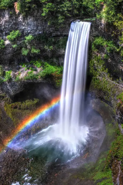 Photo of Rainbow over waterfalls in sunny day.