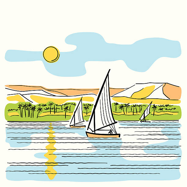 A drawing of the river Nile in Egypt View of the Nile with sailing boats. Vector illustration in sketch style. Includes high resolution JPG. dhow stock illustrations