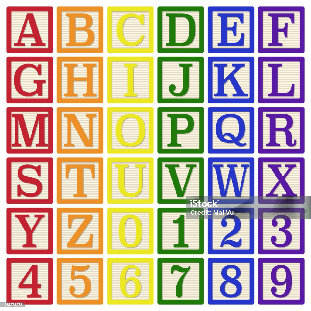Rainbow Alphabet Blocks Complete set of 26 letter blocks (A through Z) and 10 number blocks (0 through 9) Toy Block stock vector