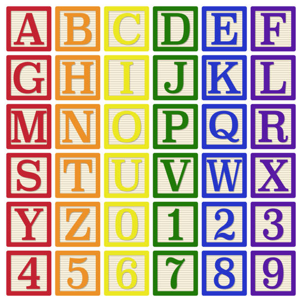 Rainbow Alphabet Blocks Complete set of 26 letter blocks (A through Z) and 10 number blocks (0 through 9) alphabetical order stock illustrations