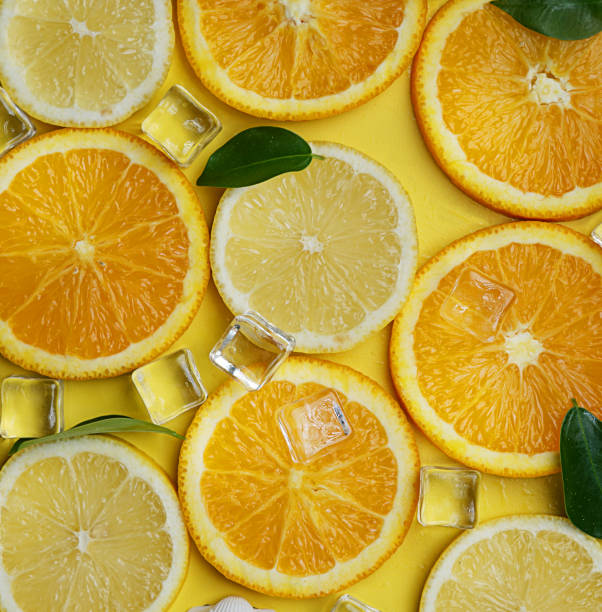 istock Close Up of Lemon Orange Leaves Cube Ice Sea Shells Citrus Pattern on Yellow Background Minimal Flat Lay 981274558