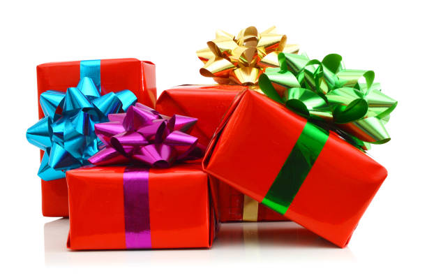 istock Red gift box with colorful bow isolated on white 981286380