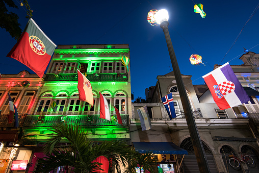 Rio de Janeiro, Brazil - June 20, 2018: Famous Lavradio street is decorated with country flags during the World Cup 2018.