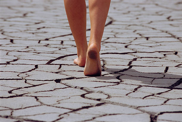 여자 걷기 맨발 겹쳐지며 균열 지구별 - 20s adult barefoot caucasian 뉴스 사진 이미지