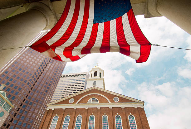 Faneuil Hall and American Flag stock photo