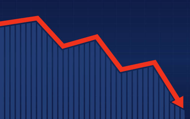 ilustraciones, imágenes clip art, dibujos animados e iconos de stock de resumen financiero gráfico de barras con el gráfico de flecha de línea de tendencia bajista rojo sobre fondo de color azul - movimiento hacia abajo