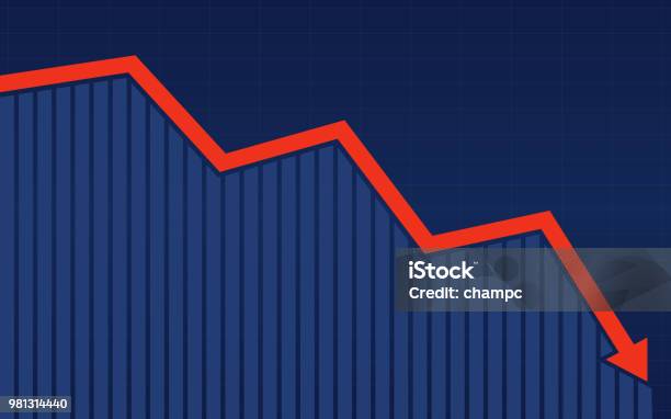 Résumé Financier Graphique À Barres Avec Tendance Baissière Rouge Ligne Flèche Graphique Sur Fond De Couleur Bleue Vecteurs libres de droits et plus d'images vectorielles de Se déplacer vers le bas