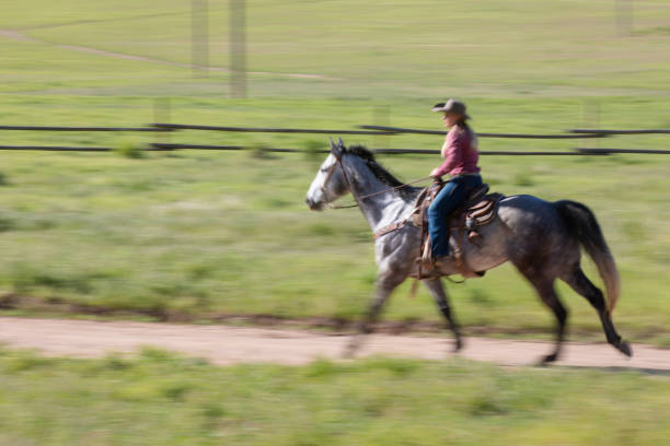 istock Cowgirl ridding motion pano 981360646
