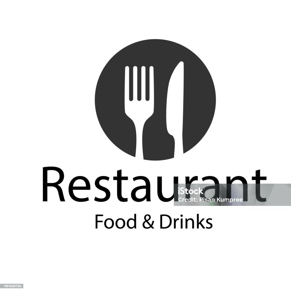 Restaurante de comida y bebidas logotipo tenedor cuchillo fondo Vector imagen - arte vectorial de Ícono libre de derechos