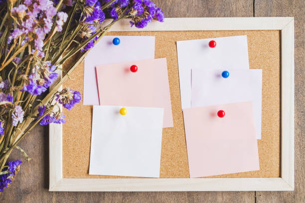 istock Blank notes on the cork board with dry flower bouquet 981376624