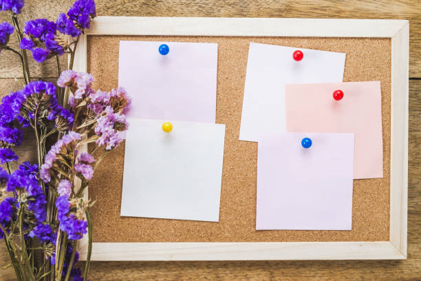 istock Blank notes on the cork board with dry flower bouquet 981376656