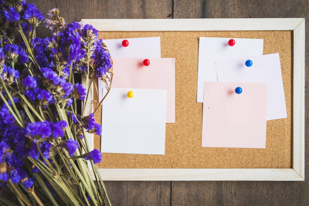 Blank notes on the cork board with dry flower bouquet