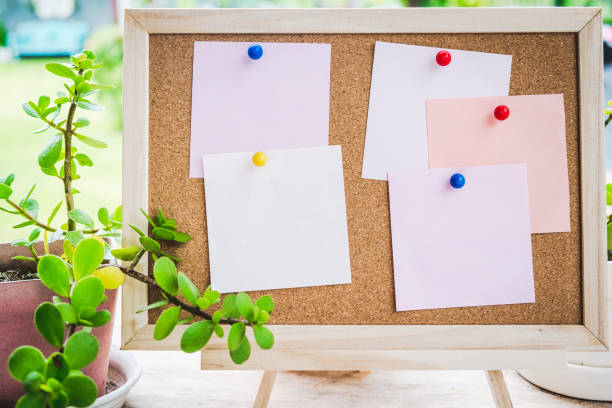 istock Sticky note on cork board with little tree,garden background 981383072