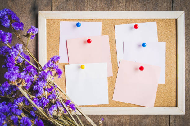 istock Blank notes on the cork board with dry flower bouquet 981383494