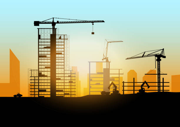 Silhouette of engineer and construction team working at site over blurred background sunset pastel for industry background with Light fair.Create from multiple reference images together.