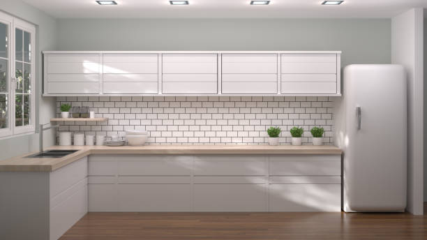 istock Kitchen home luxury with white cabinets,3d illustration modern kitchen interior design 981384454