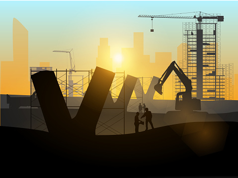 Silhouette of engineer and construction team working at site over blurred background sunset pastel for industry \n\nbackground with Light fair.Create from multiple reference images together.