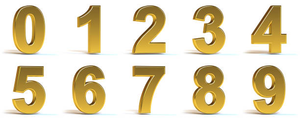 Golden Numbers High quality render of the numbers 0 to 9, isolated on white background. one two three four five six seven eight and nine stock pictures, royalty-free photos & images