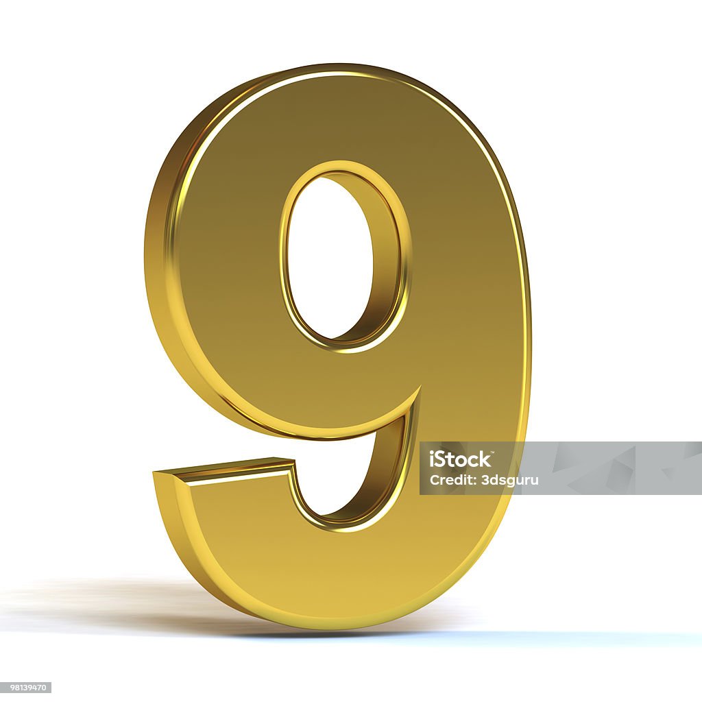 The number nine in gold on a white background The Number 9 - Gold Color Image Stock Photo