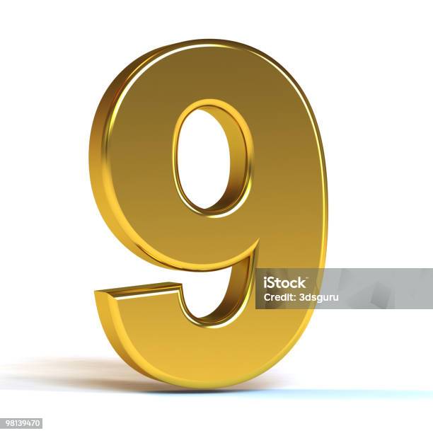 The Number Nine In Gold On A White Background Stock Photo - Download Image Now - Color Image, Curve, Cut Out