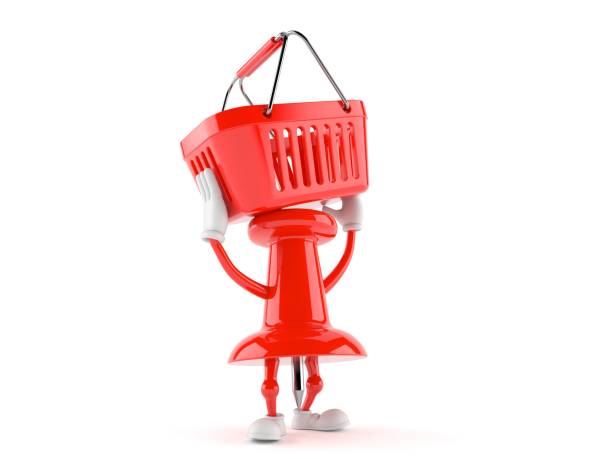 istock Thumbtack character holding empty shopping basket 981397568