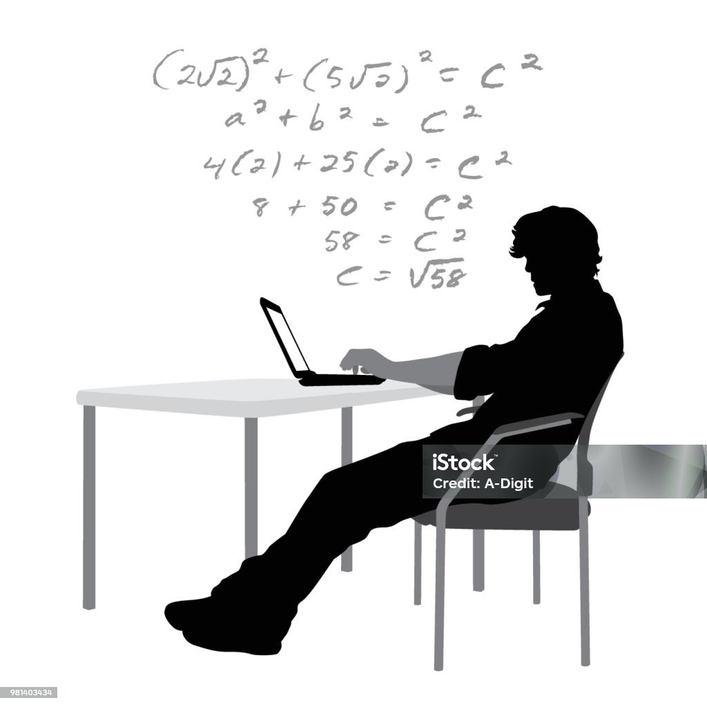 Homework Laptop Young man doing math at his laptop Algebra stock vector